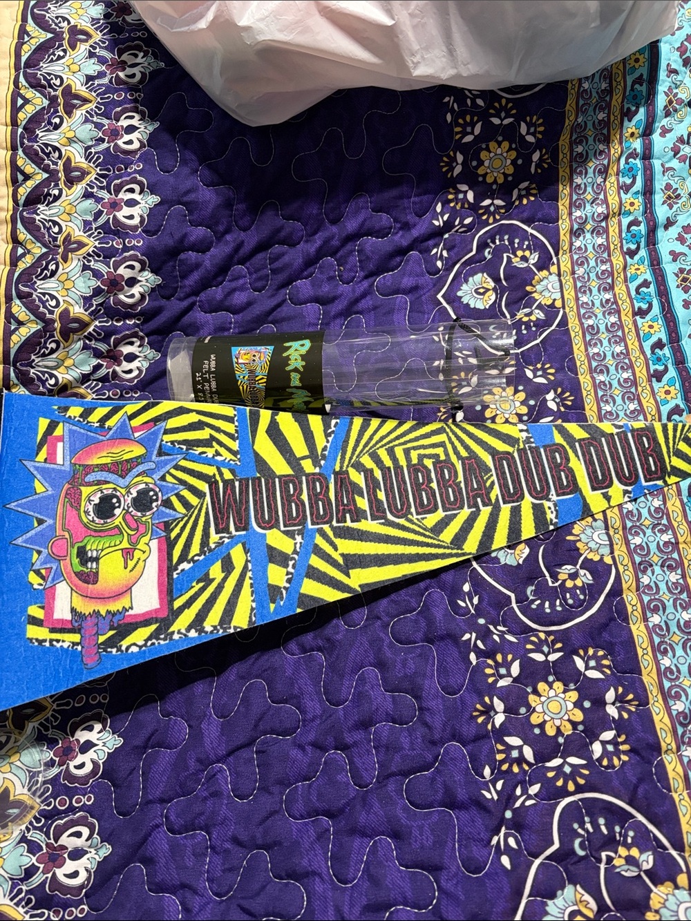 "Wubba Lubba Dub Dub" Blue and Yellow Party Pennant